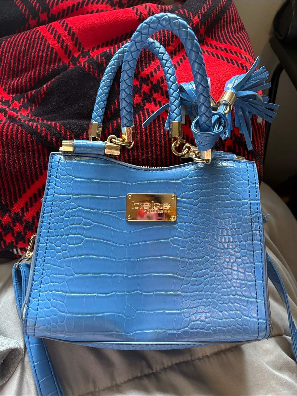 bebe Blue Croc-Embossed Satchel with Braided Handles